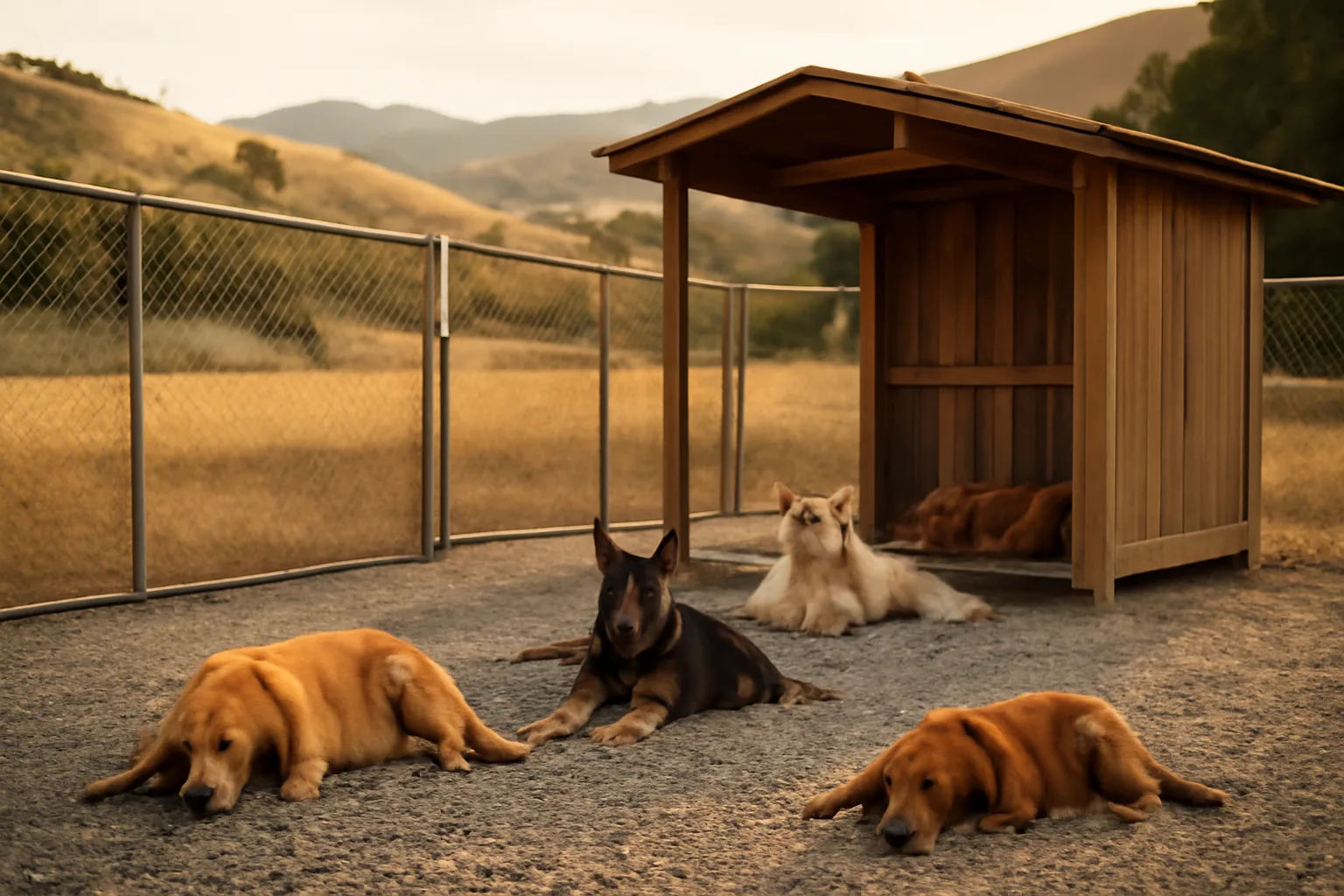 Fenced outdoor dog breeding kennel on a rural California property at sunset