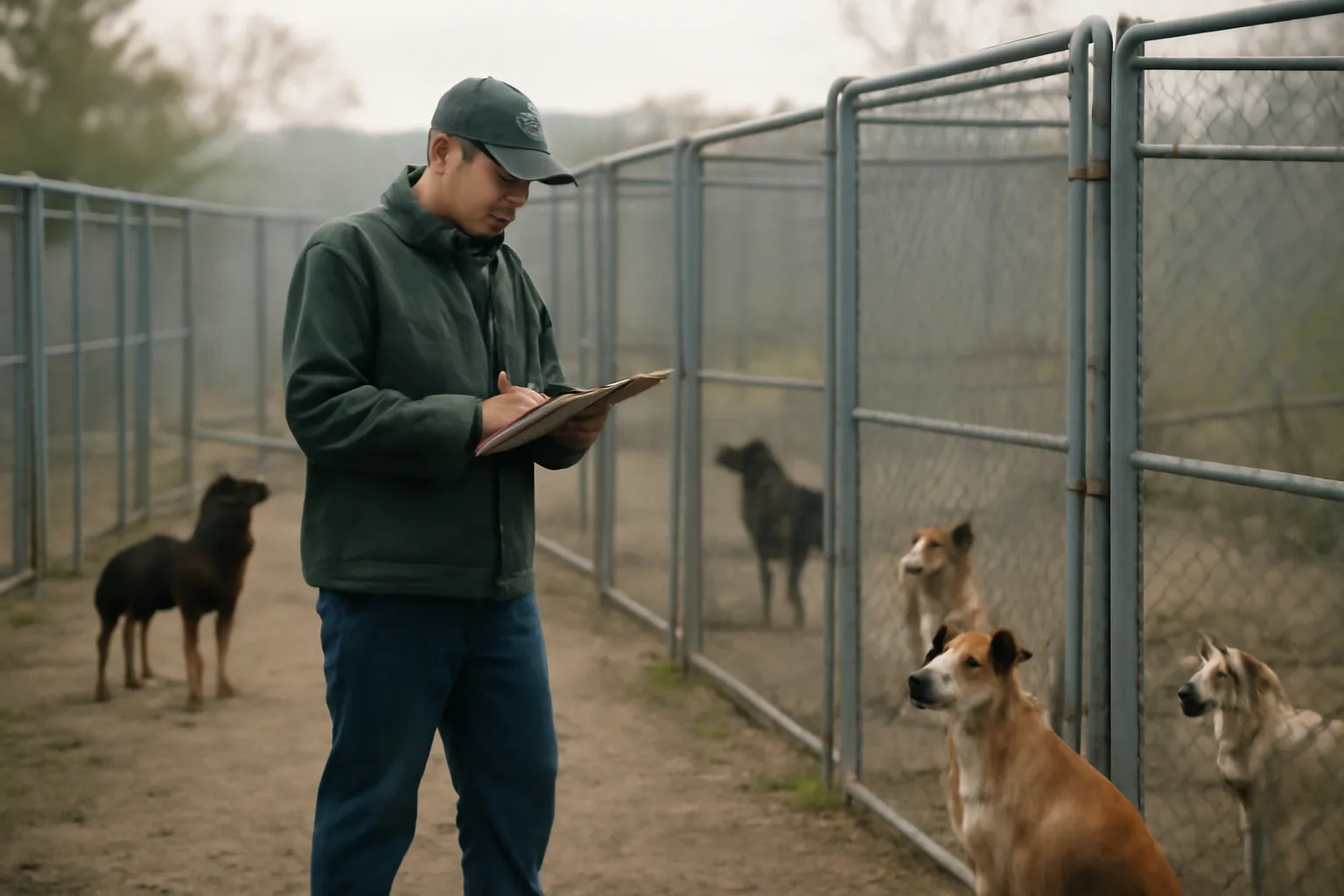 Breeder checking kennel runs and enclosures during a morning facility check