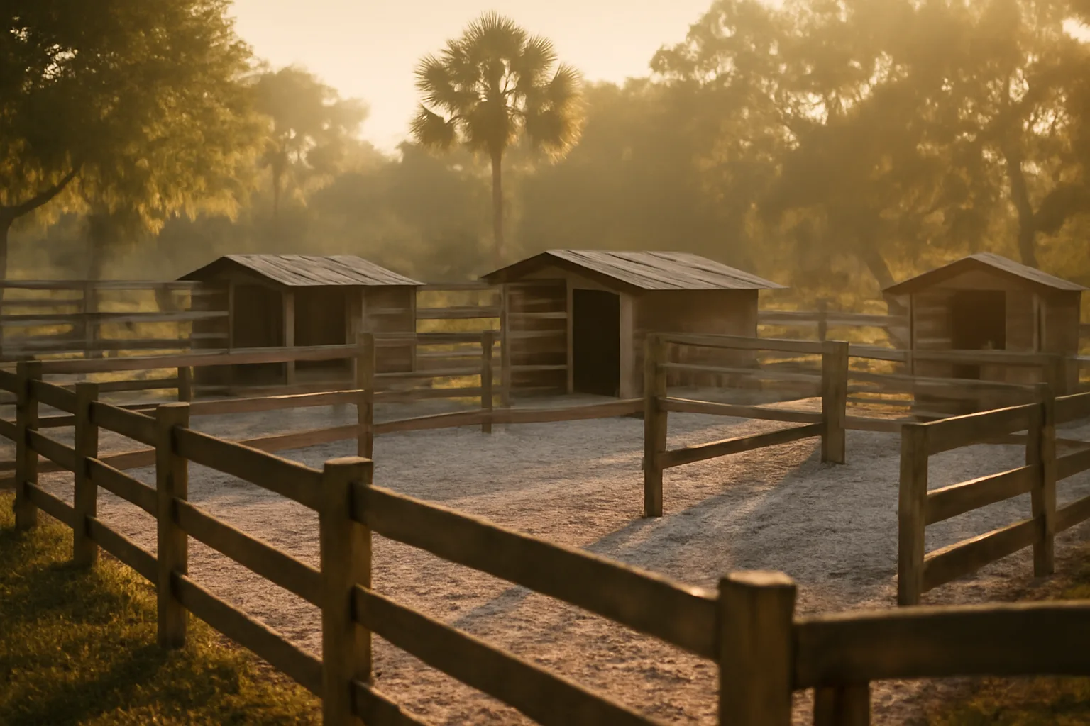 Rural Florida kennel yard with dog runs in early morning light