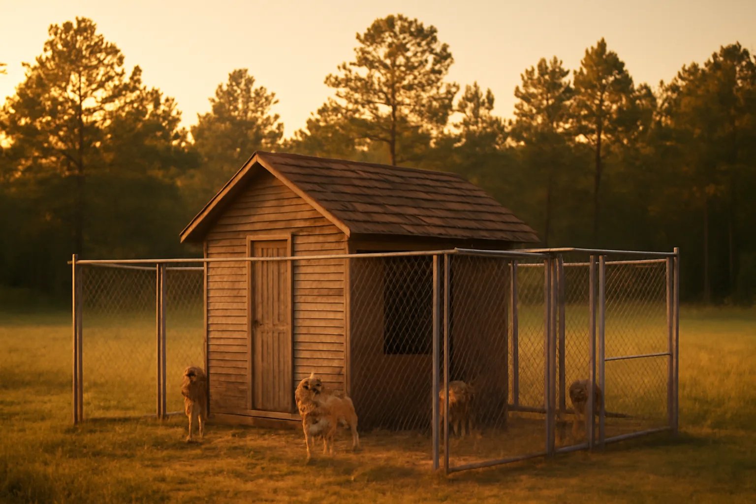 Rural Georgia kennel facility with outdoor dog runs at golden hour