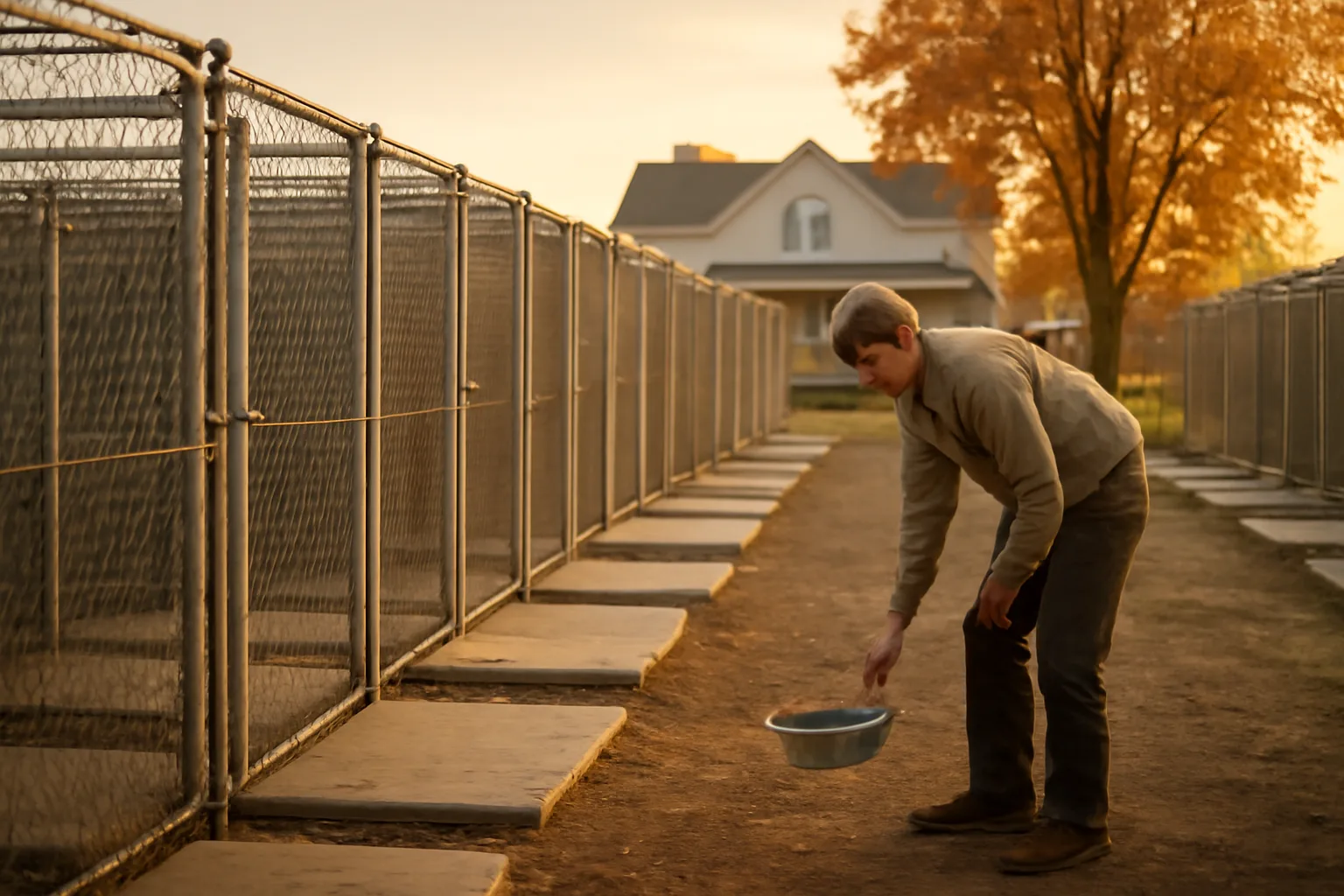 Illinois dog breeding kennel yard with fenced runs at golden hour