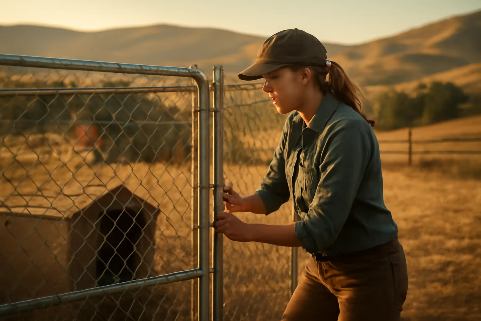 Dog breeder checking a kennel gate latch on a rural California property