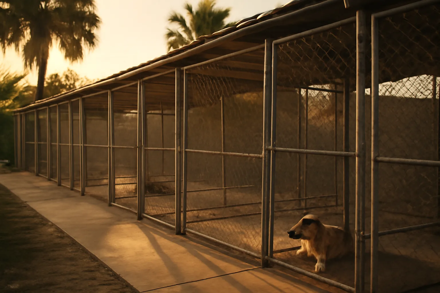 Outdoor kennel runs on a Florida dog breeding property at sunset