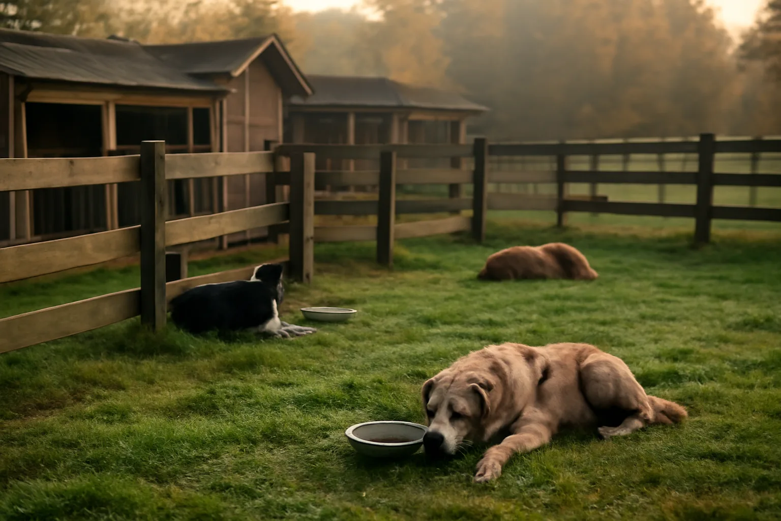 Rural Massachusetts backyard kennel runs at sunrise for a licensed dog breeder