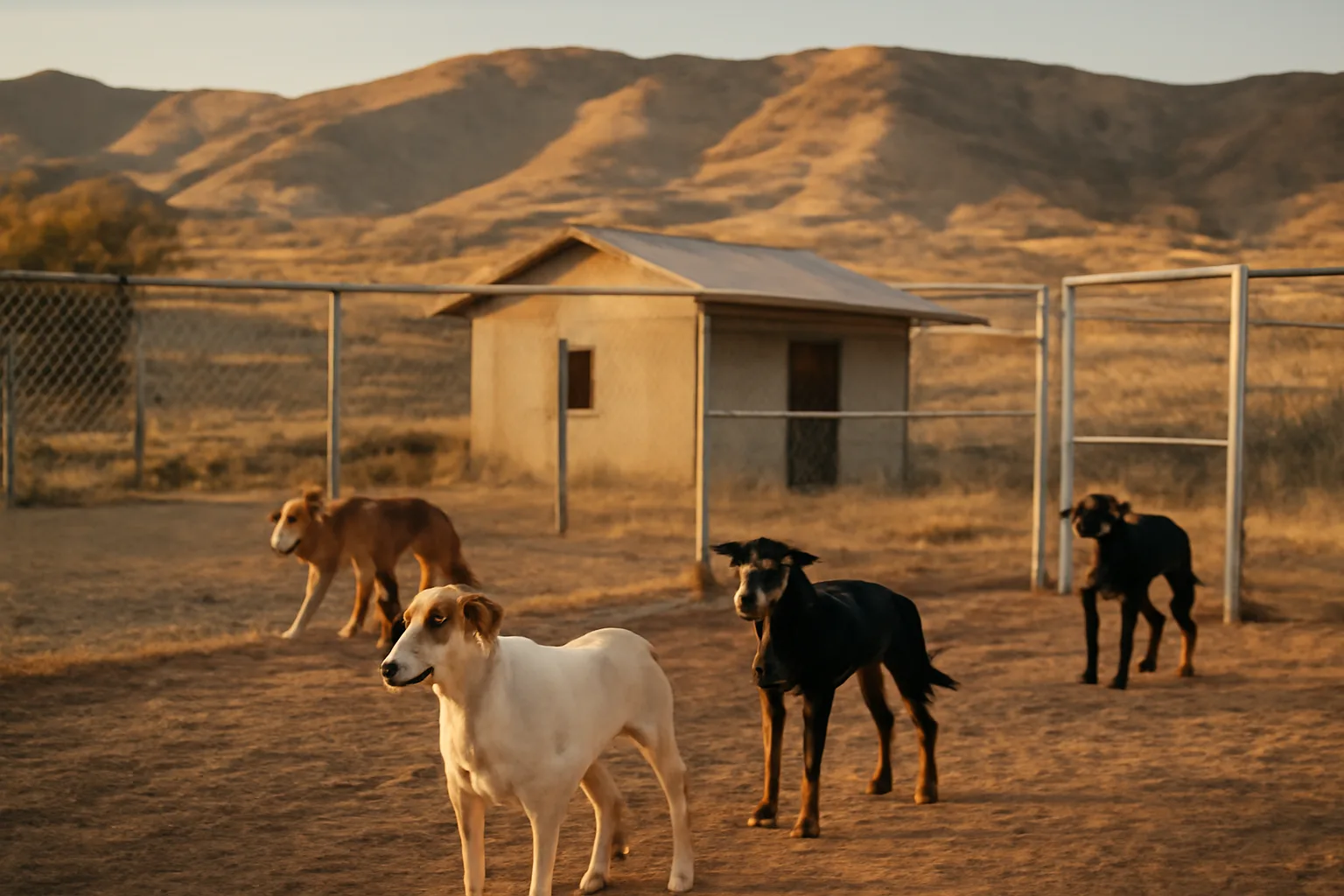Fenced outdoor dog kennel run on a rural Nevada property at sunset