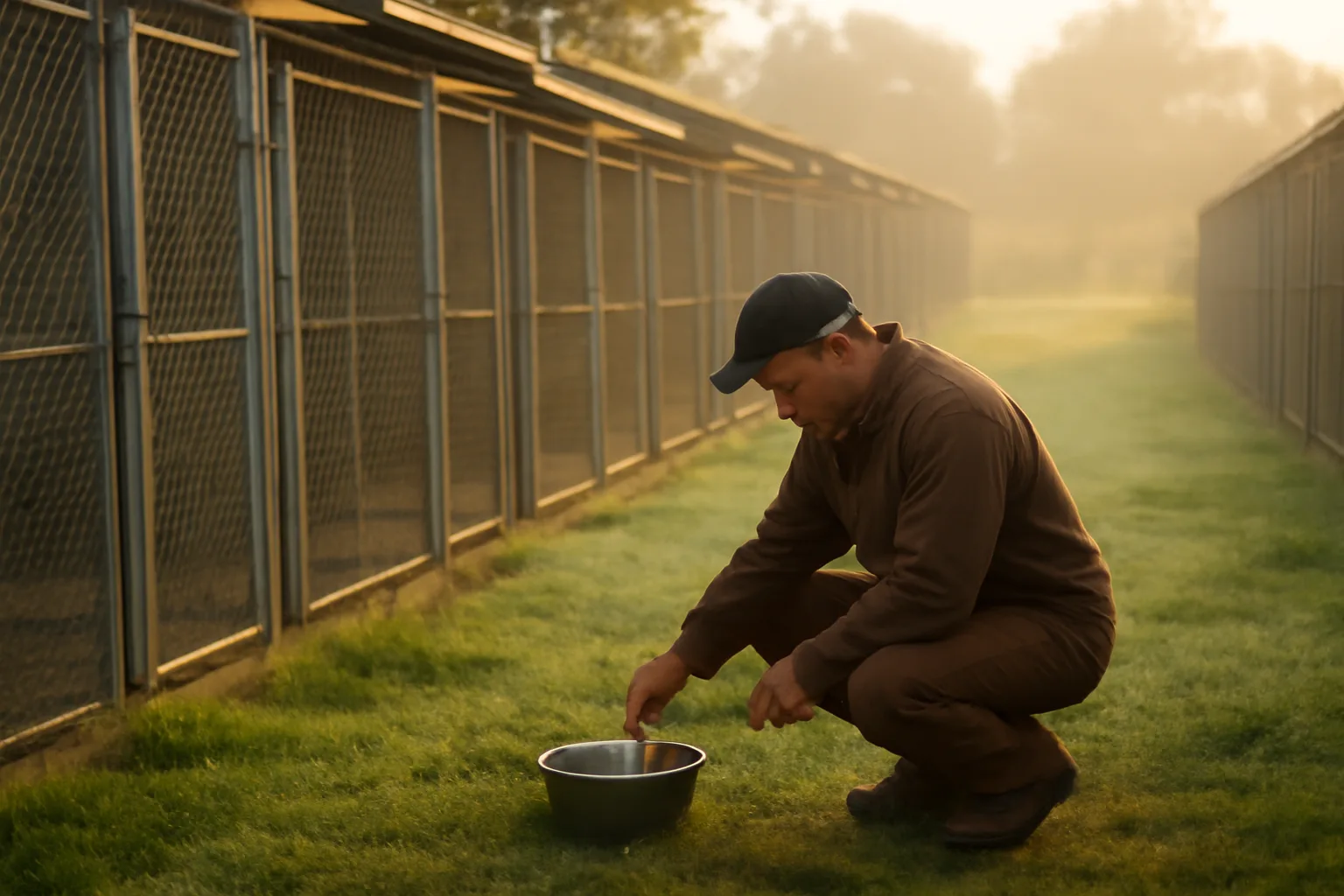 Breeder checking outdoor dog kennel runs on a rural New York property at dawn