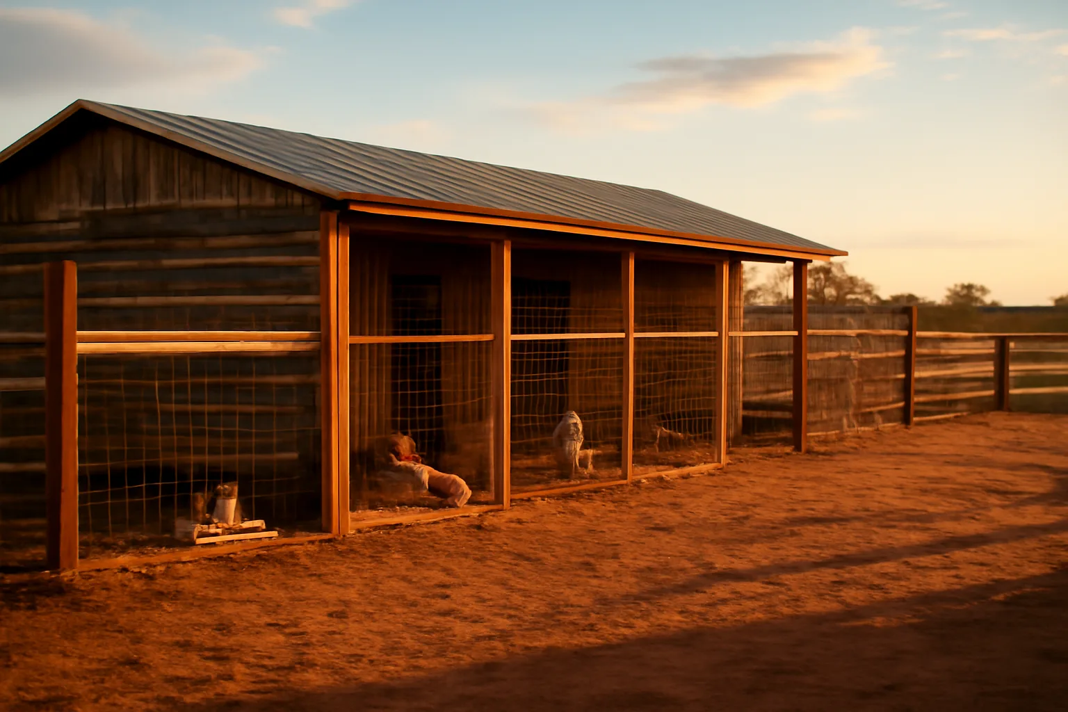Rural Oklahoma kennel facility with outdoor dog runs at sunset