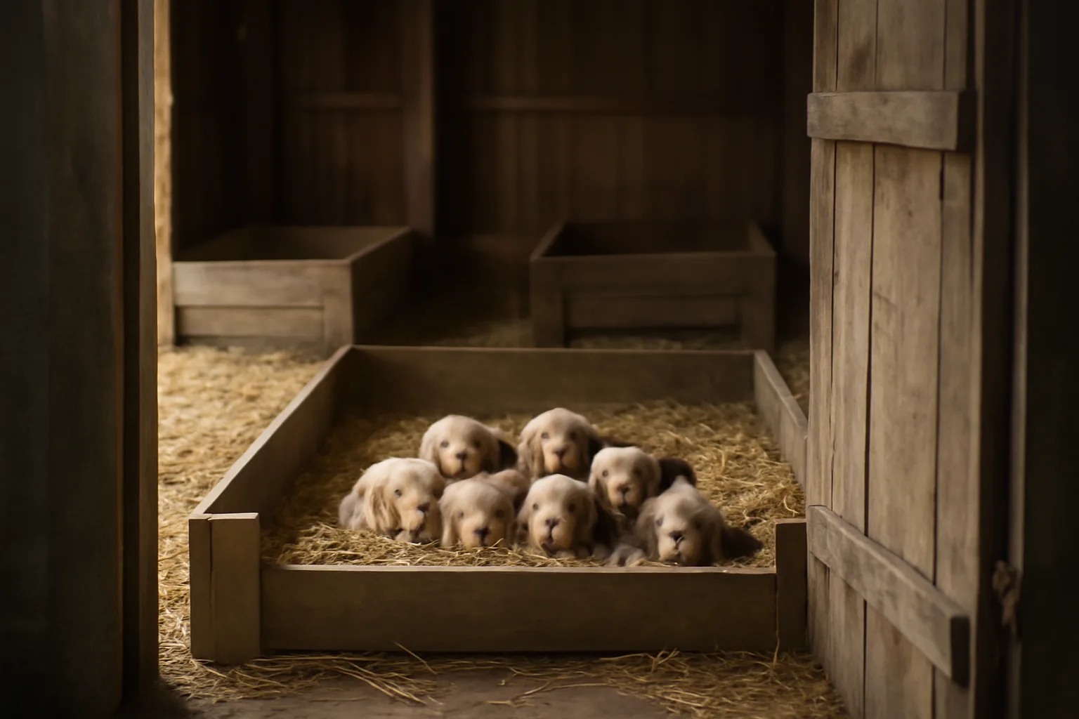 Whelping boxes and puppies inside a rural licensed dog breeding kennel barn