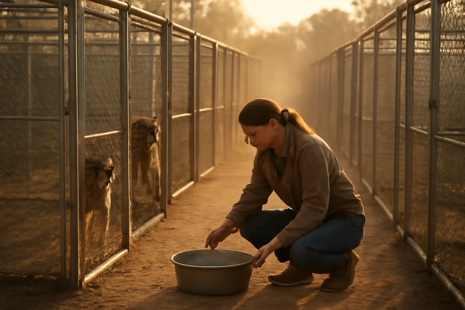 Texas kennel yard with outdoor dog runs during a morning facility check