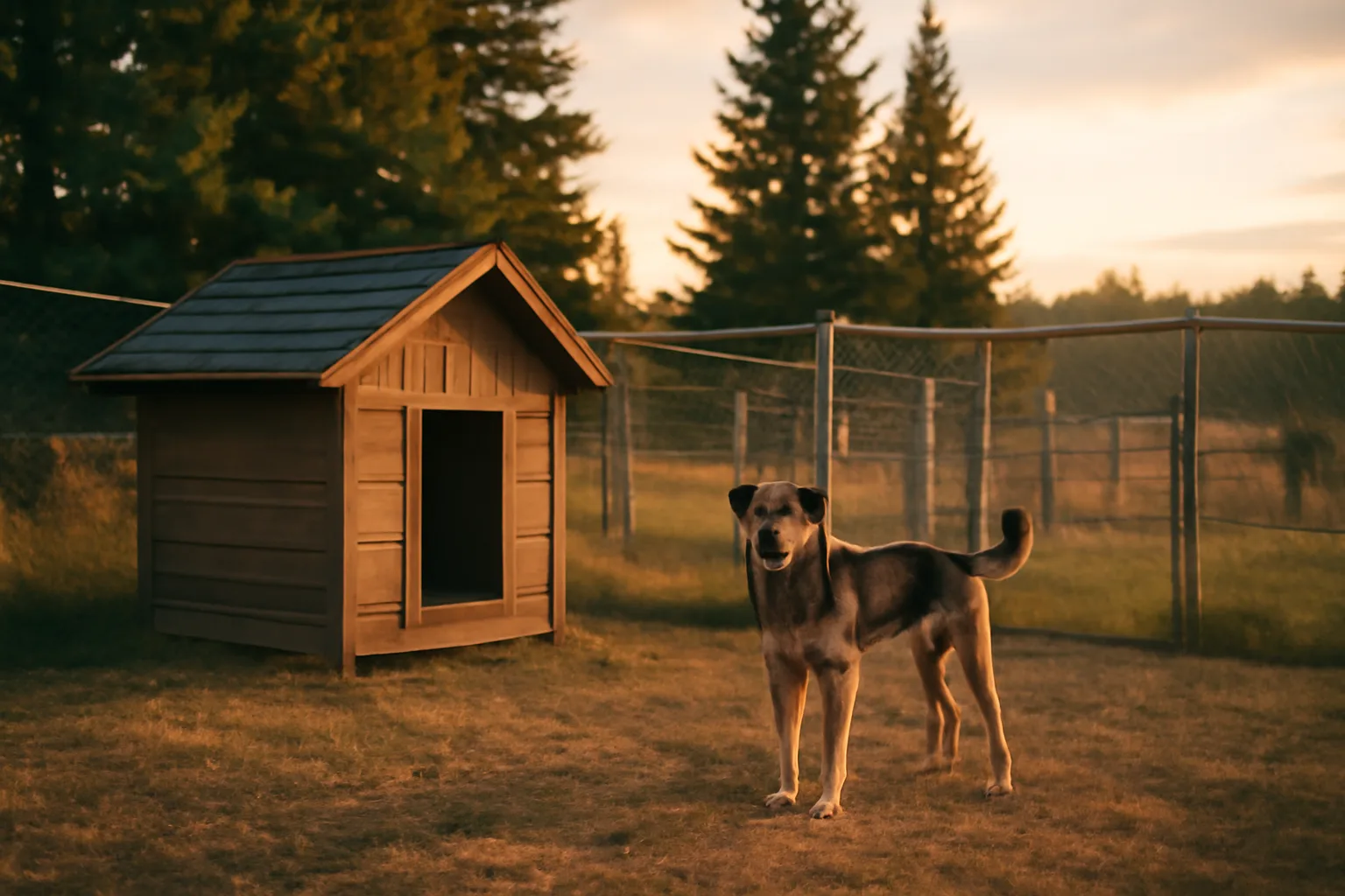 Rural Washington kennel yard with fenced dog runs near evergreen trees at dusk