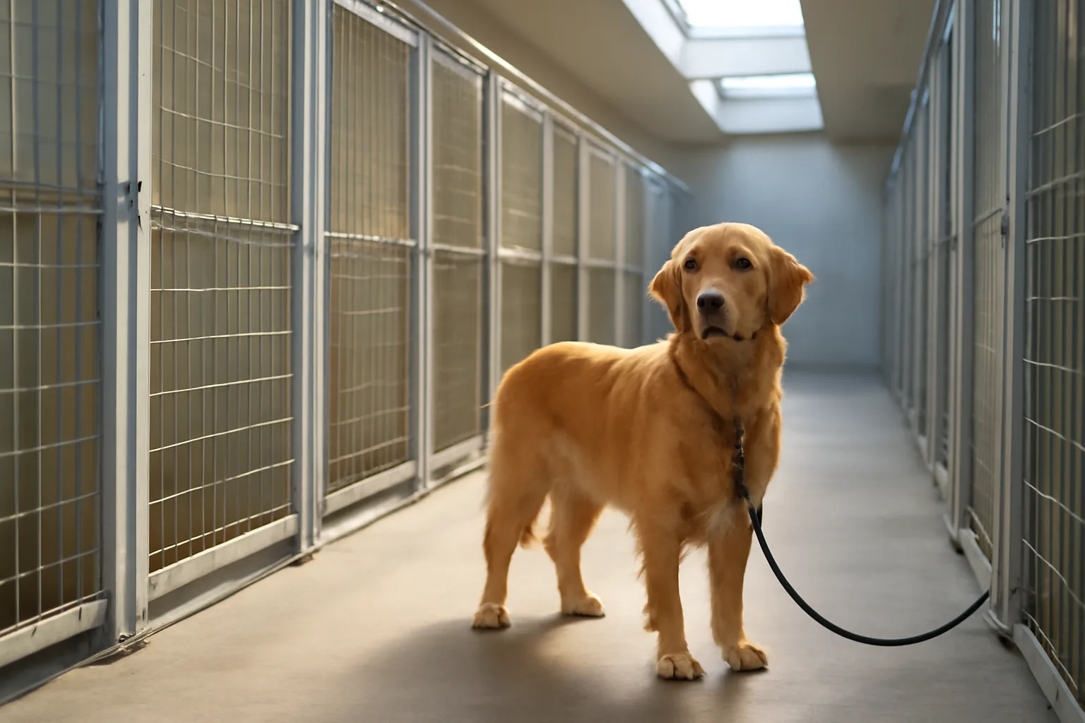 clean indoor kennel runs at a dog boarding facility with a retriever at the gate