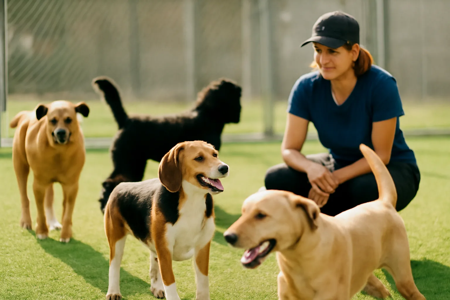 dogs playing outdoors at a dog day camp with a staff member supervising