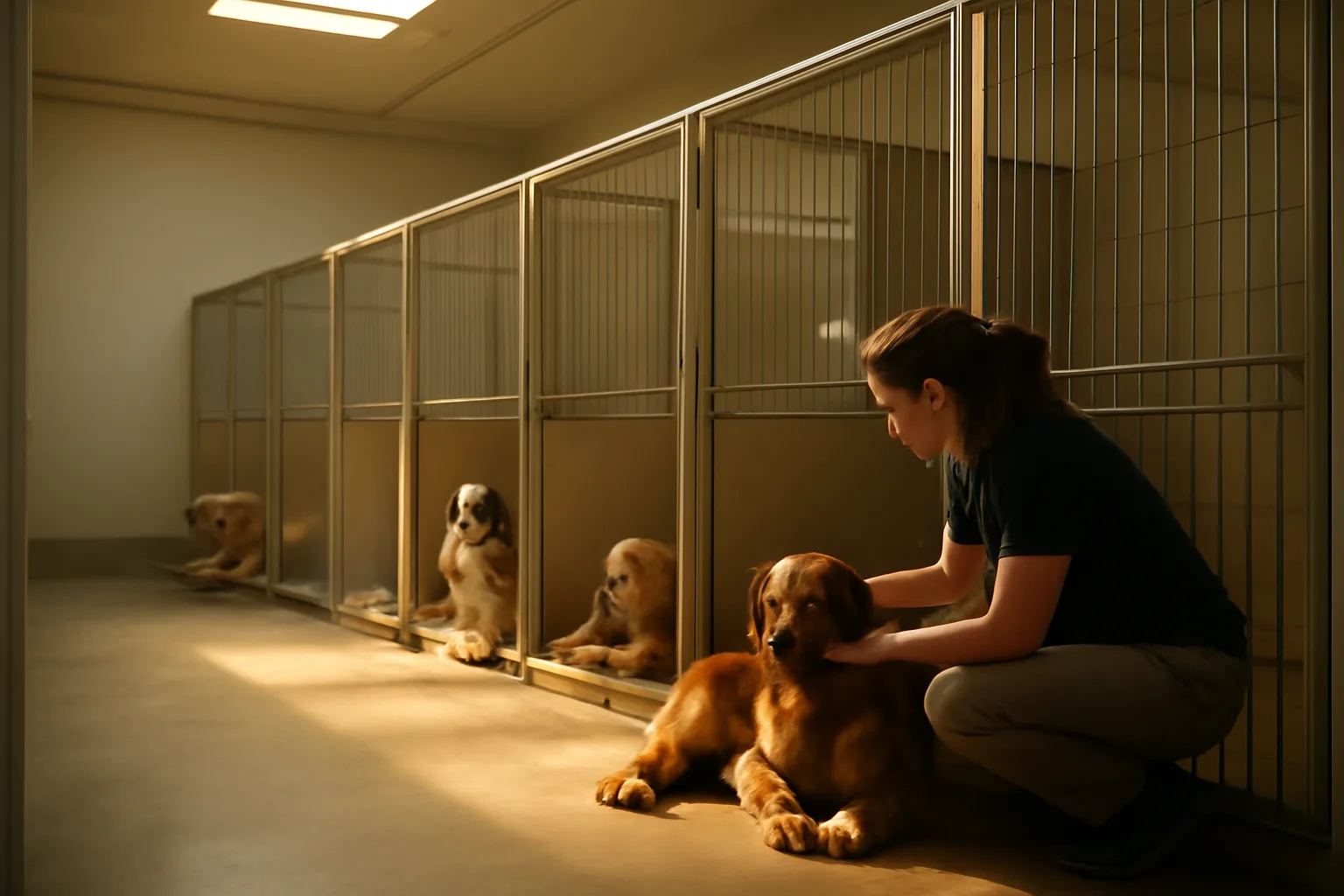 Staff member checking on dogs resting in kennels at a boarding facility