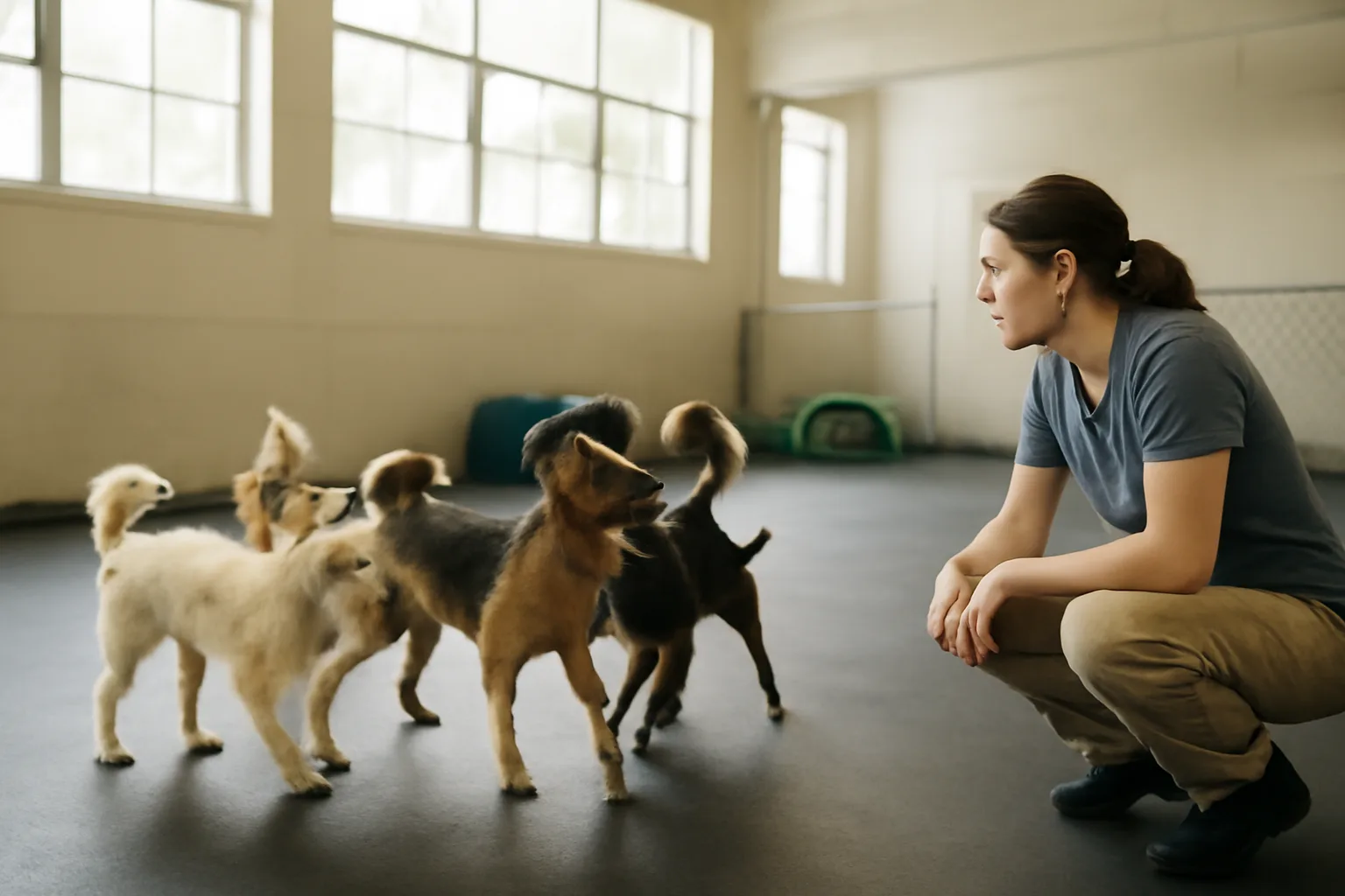 Dog day care handler supervising a small group of dogs during indoor play training