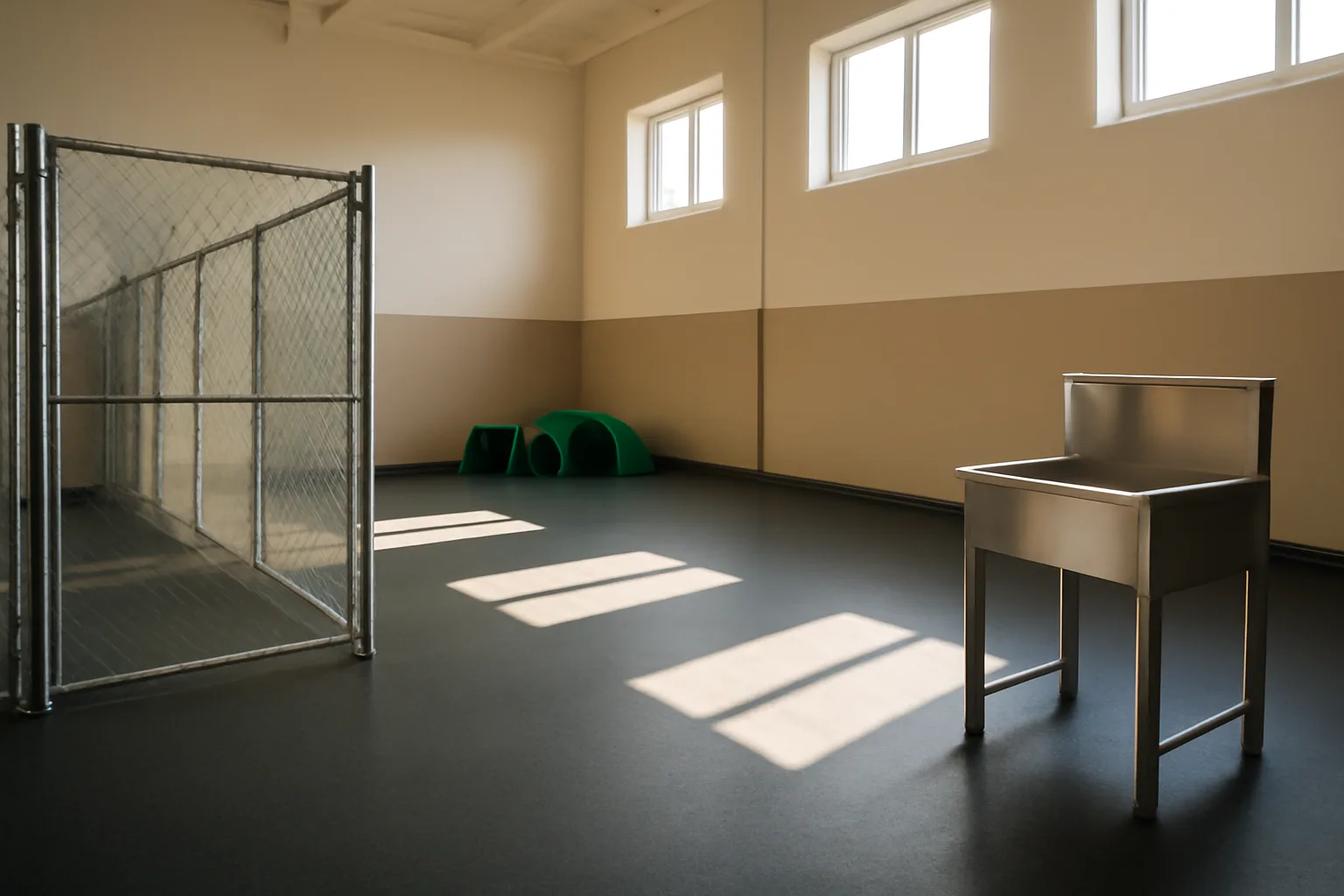 Empty indoor dog daycare play area with sunlight and rubber flooring before opening