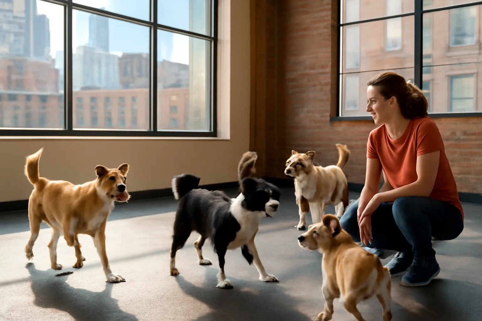 Dogs playing inside a sunlit Chicago dog daycare facility with brick walls