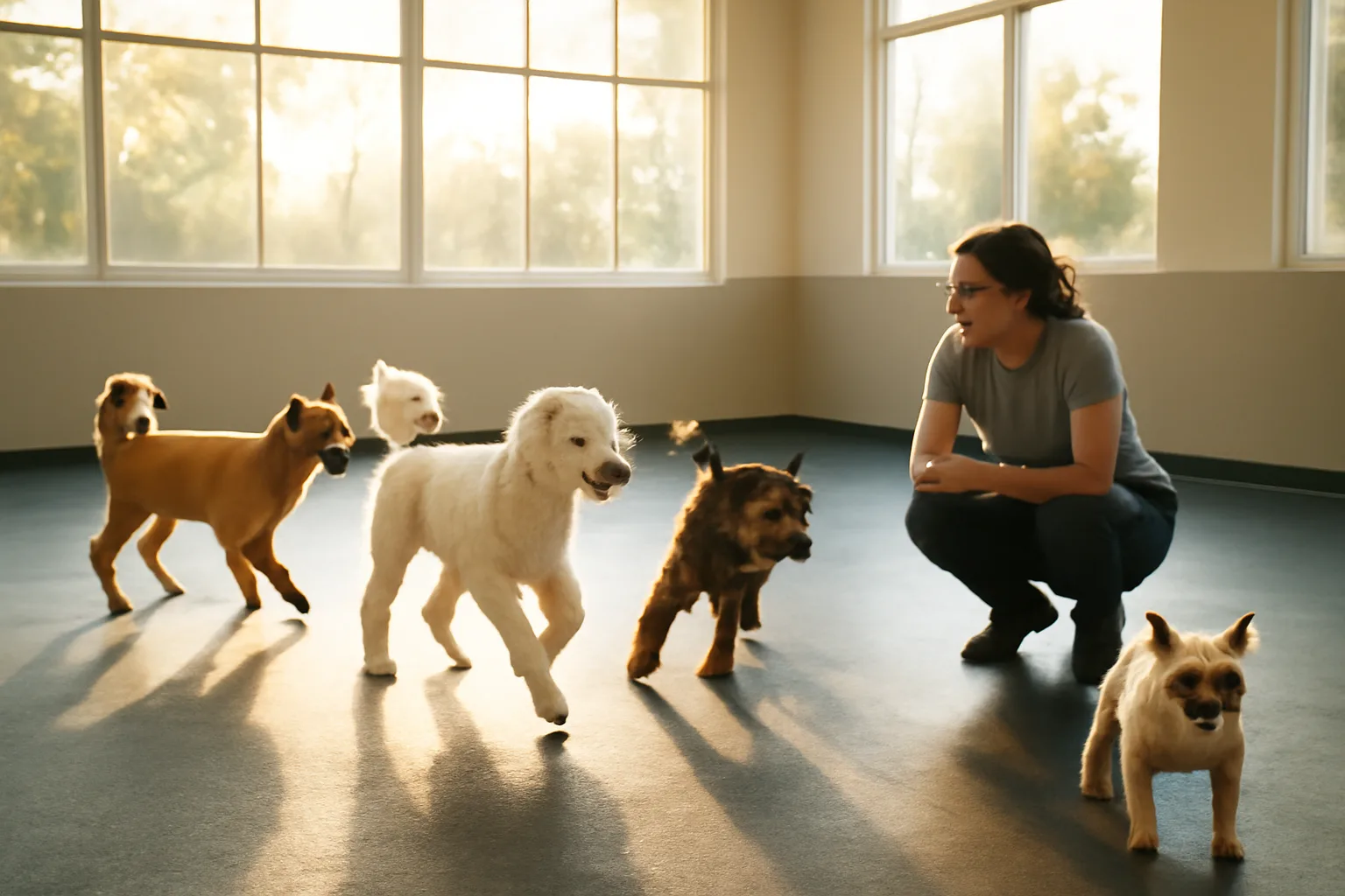 Staff member supervising dogs playing in a sunlit indoor daycare facility