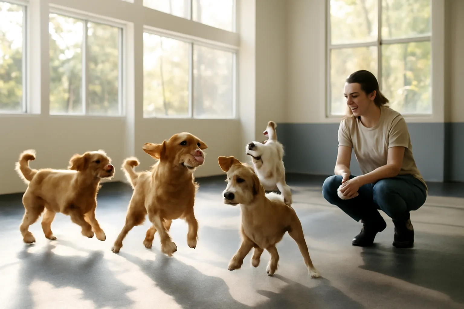 Staff member supervising dogs playing in a sunlit indoor dog daycare facility