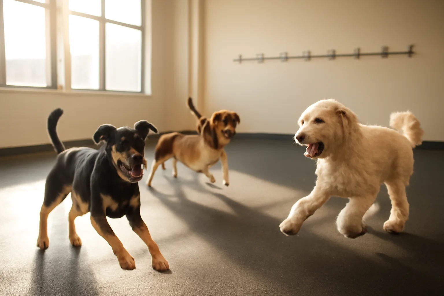Indoor dog daycare play area with dogs on rubber flooring in morning light