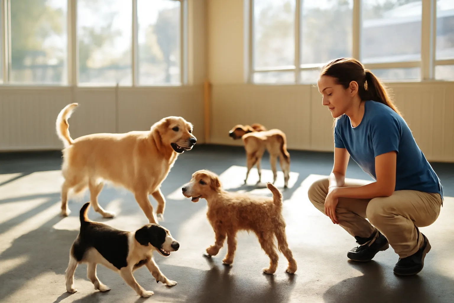 Staff member supervising dogs playing at an indoor dog daycare facility