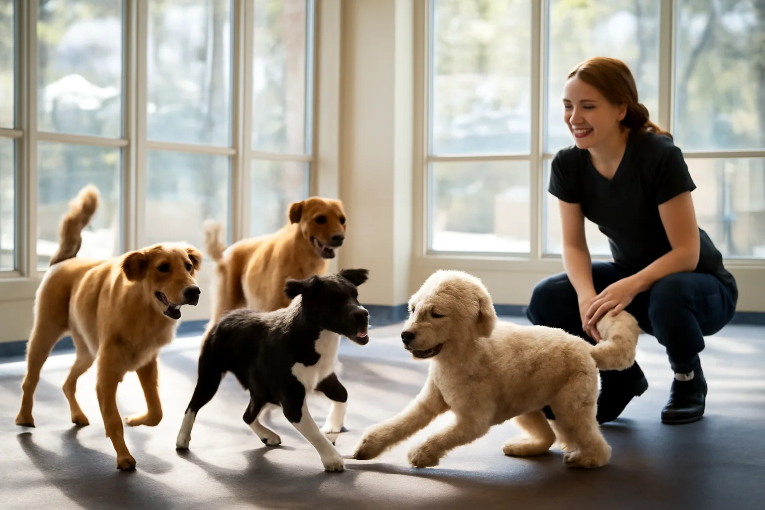 Dogs playing together in a sunlit indoor dog daycare facility