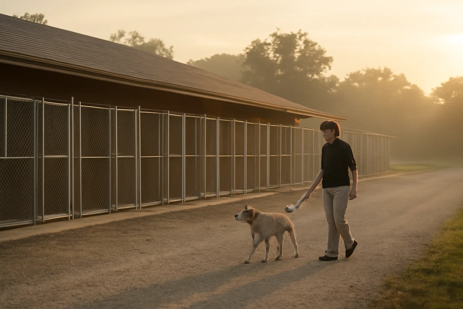 Outdoor dog runs at a Missouri boarding kennel facility in morning light