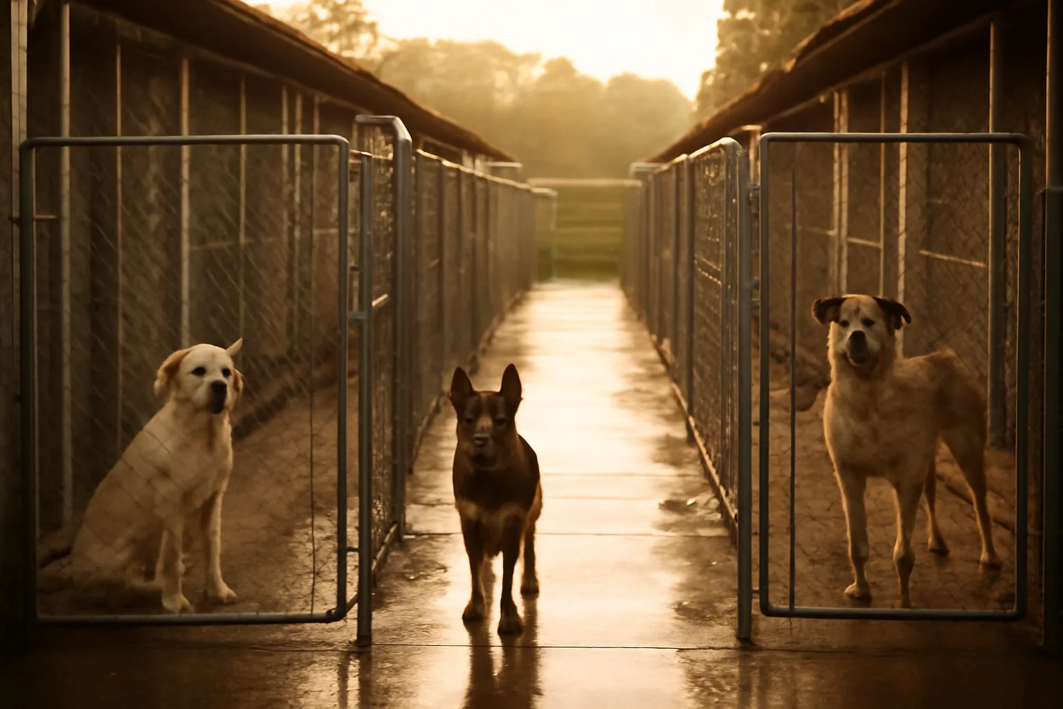 Outdoor dog kennel runs at a licensed boarding facility in early morning light
