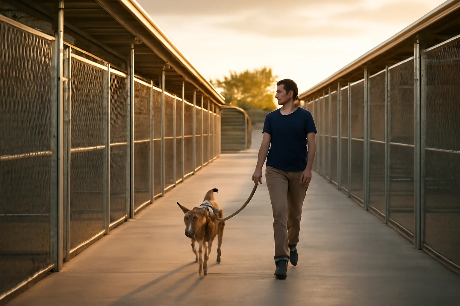 Outdoor dog kennel facility with rows of enclosures during evening light