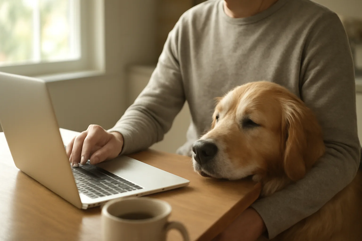 Person applying for a dog license online at a laptop with a dog nearby