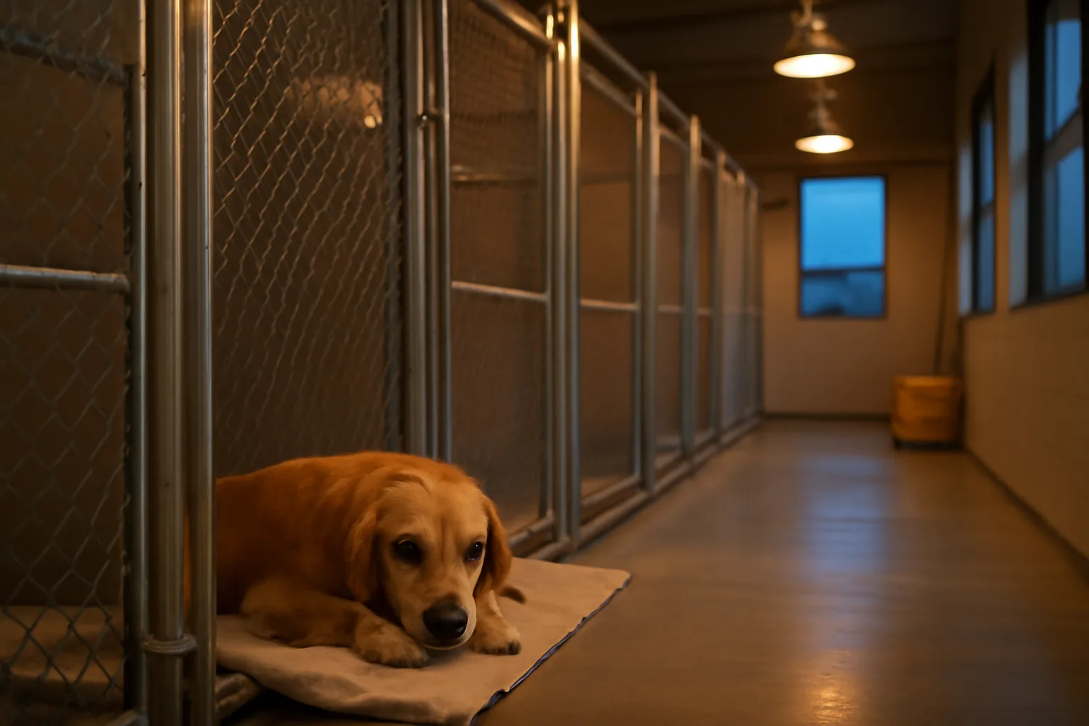 Golden retriever resting in a clean overnight dog boarding kennel run