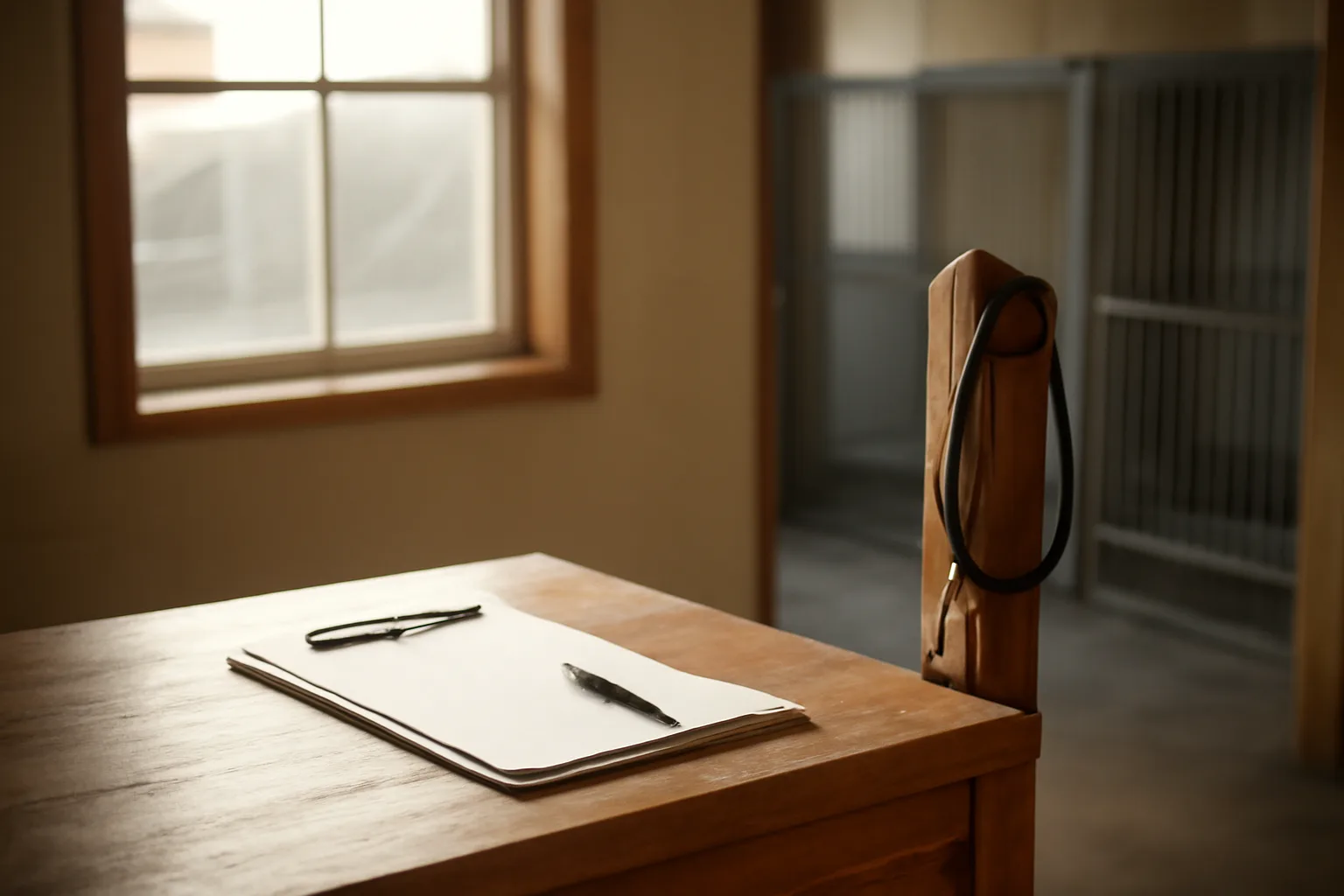Front desk of a dog boarding kennel with a clipboard for intake paperwork