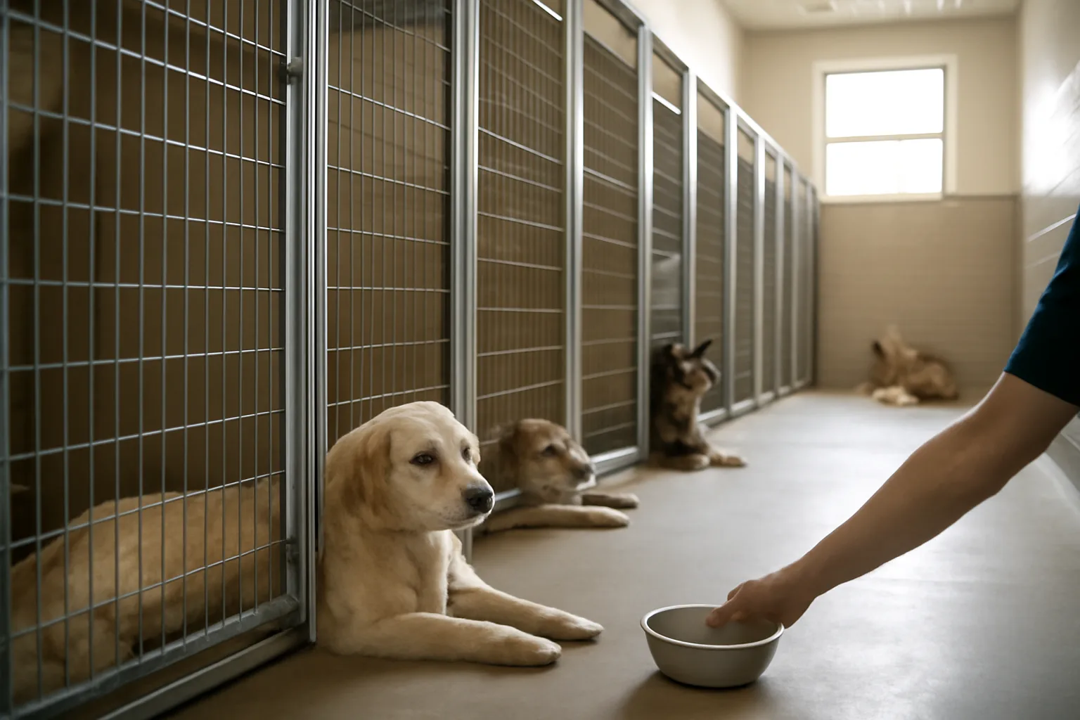 Boarding kennel hallway with dogs resting in individual runs at a dog place facility