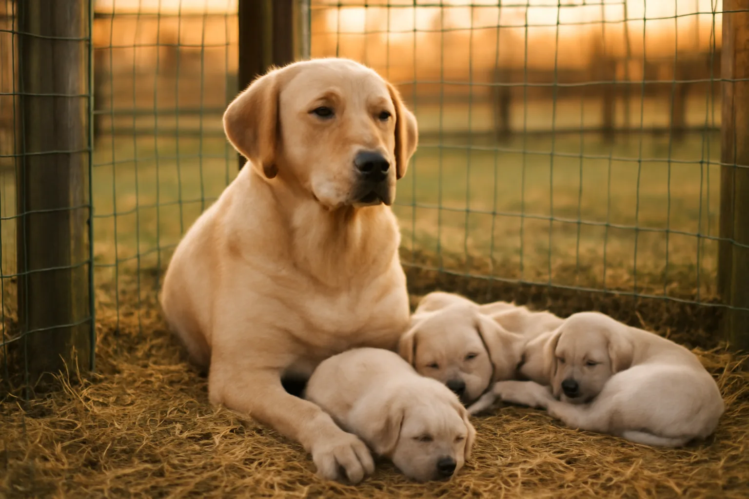 Litter of puppies with mother dog resting in a backyard breeding kennel enclosure