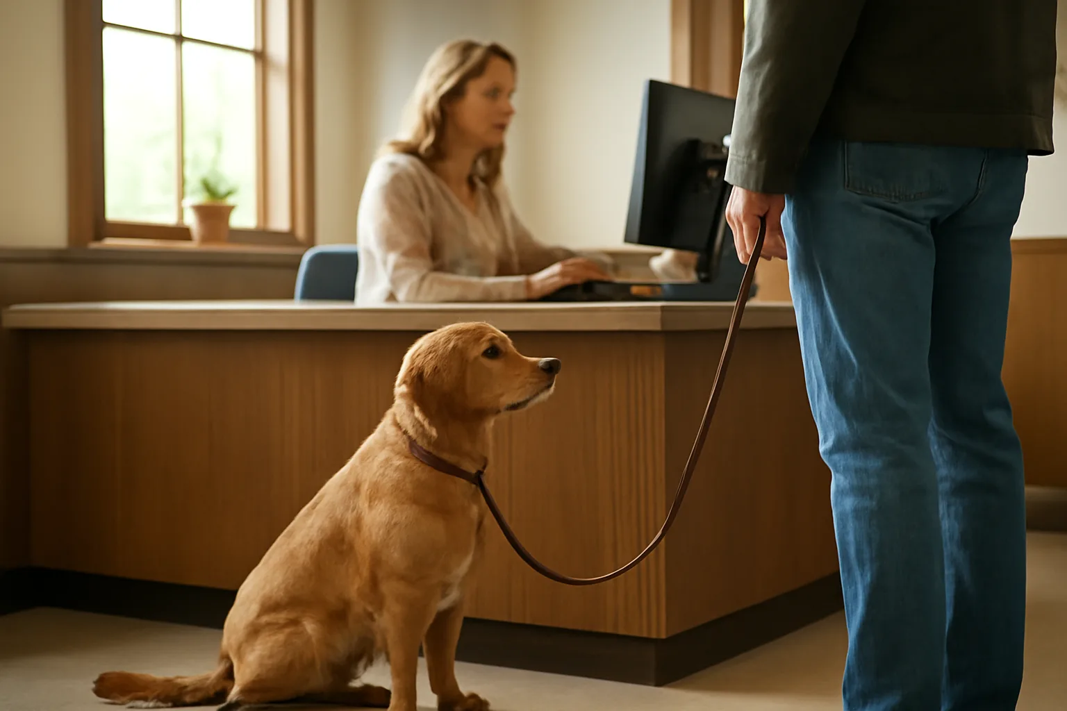 Dog owner completing dog registration at a county clerk office counter