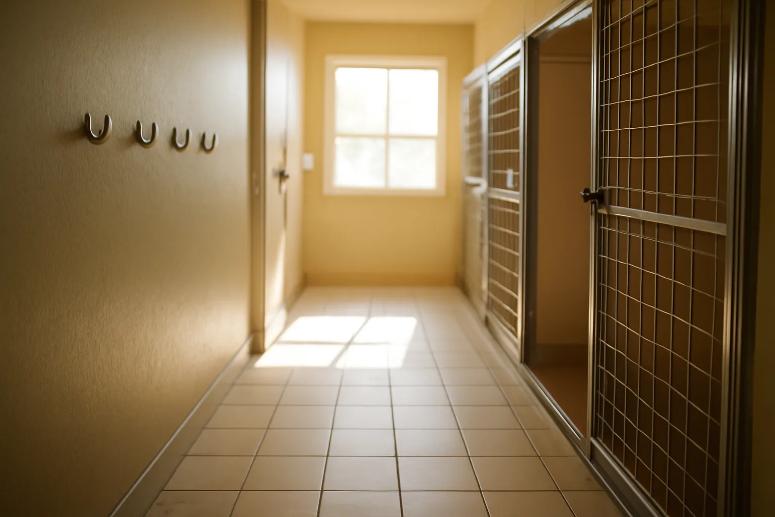 Empty clean kennel hallway with leash hooks, morning light, no signage visible