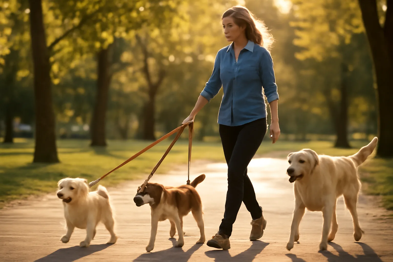 Dog walker holding three leashes with mixed-breed dogs on a city park path