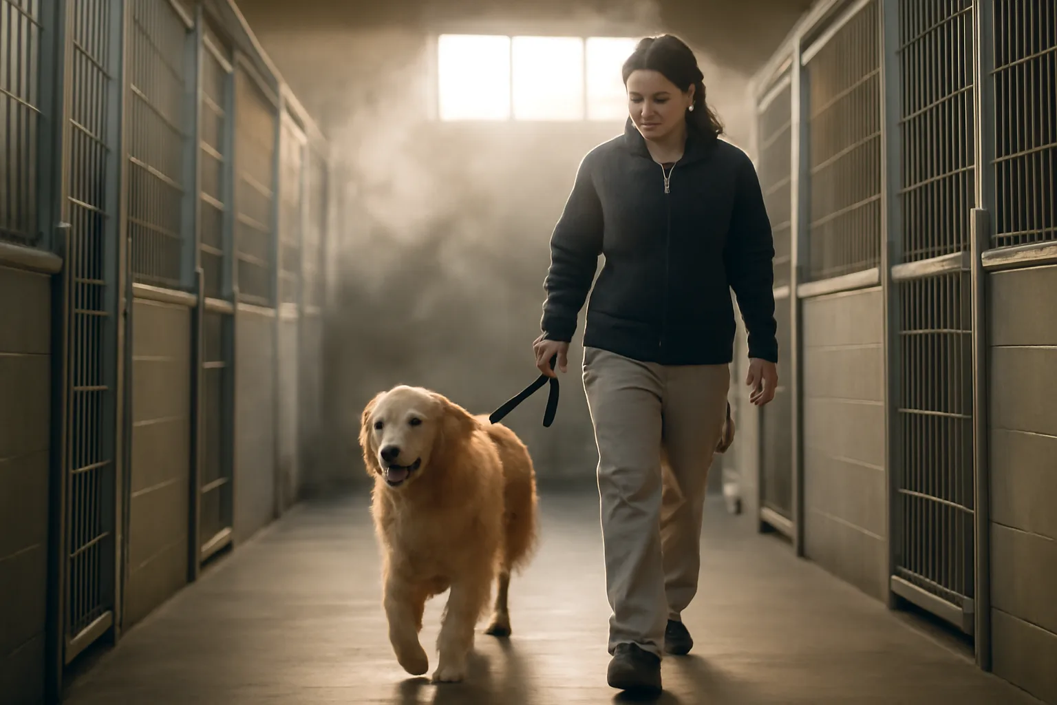 staff member walking a dog through a kennel corridor at a doggie boarding facility