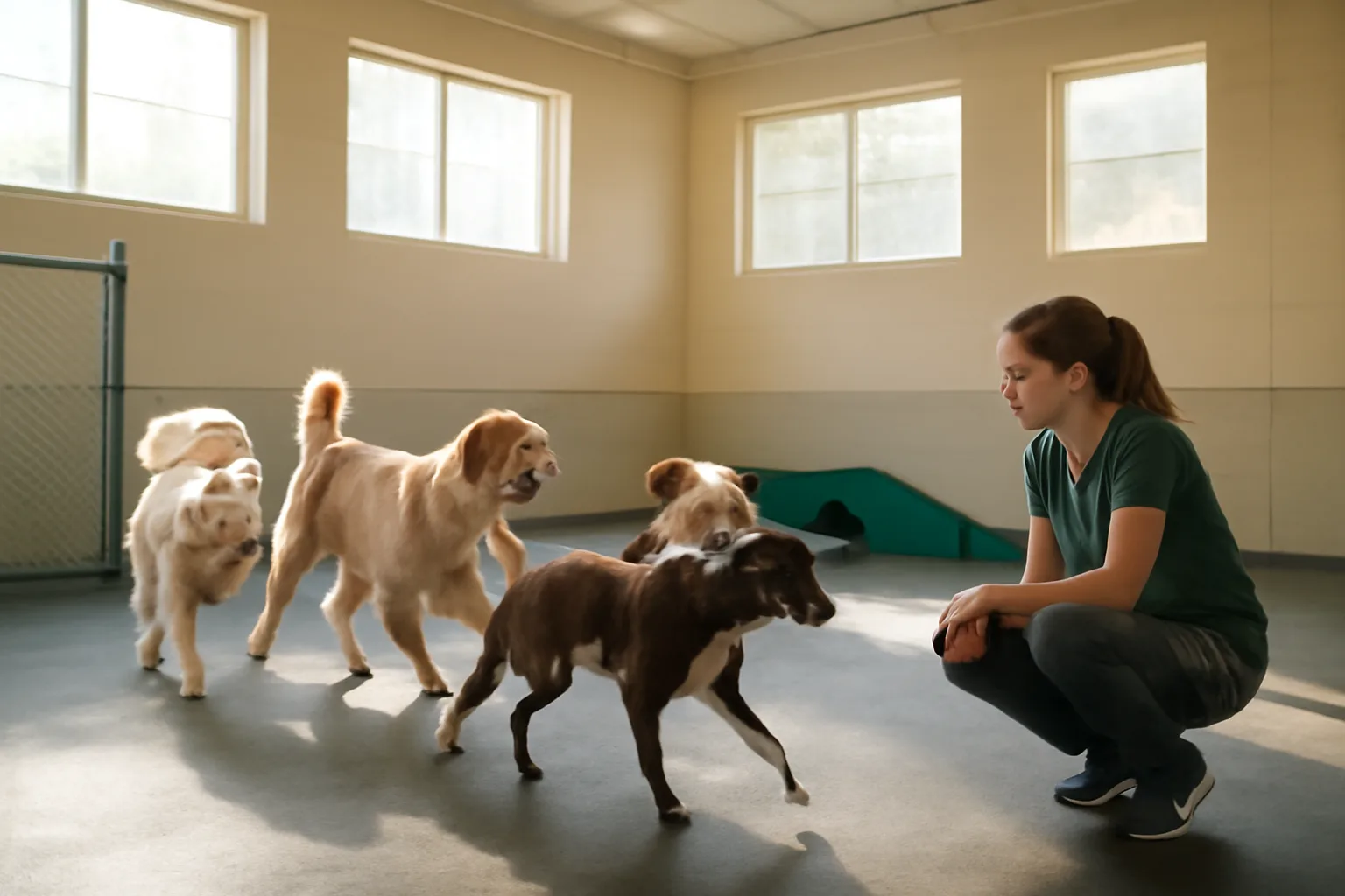 Dogs playing indoors at a doggy daycare facility in Charlotte NC