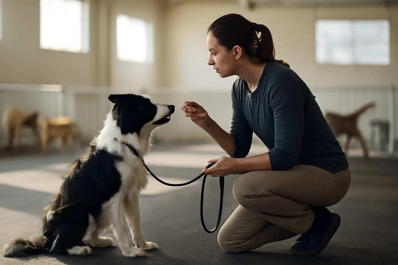 Trainer working one-on-one with a dog during structured doggy daycare training session