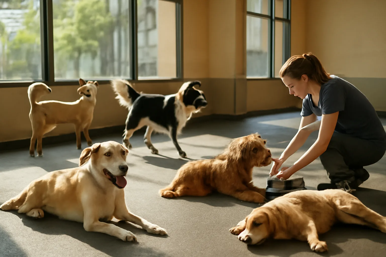 Dogs playing and resting inside a sunlit daycare facility during the day