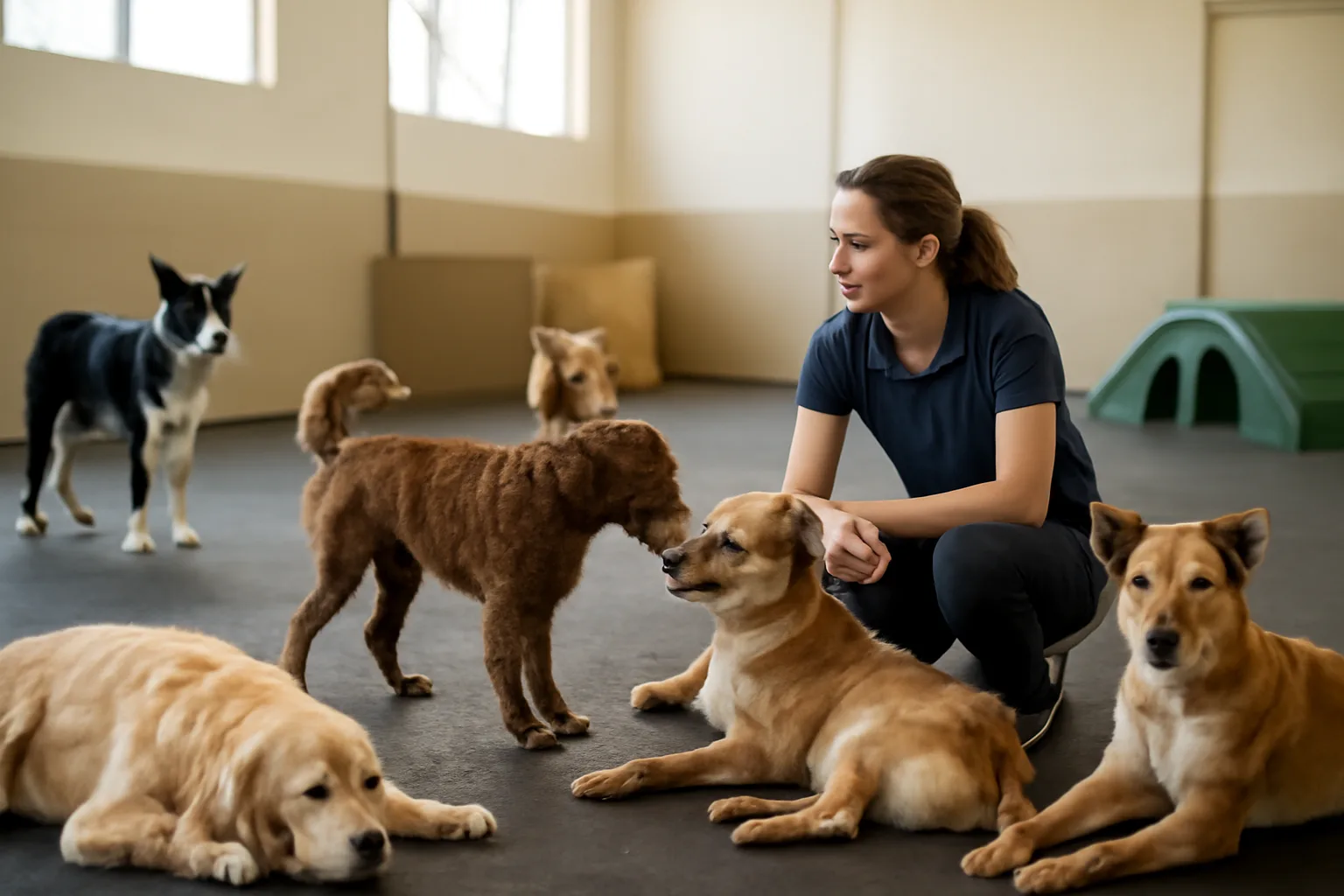 Dogs playing and resting inside a licensed dog daycare play area