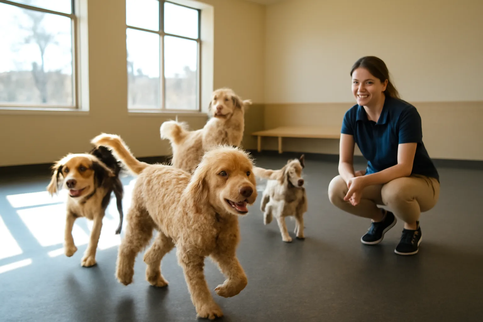 Dogs playing together in an open daycare playroom similar to Dogtopia Charlottesville