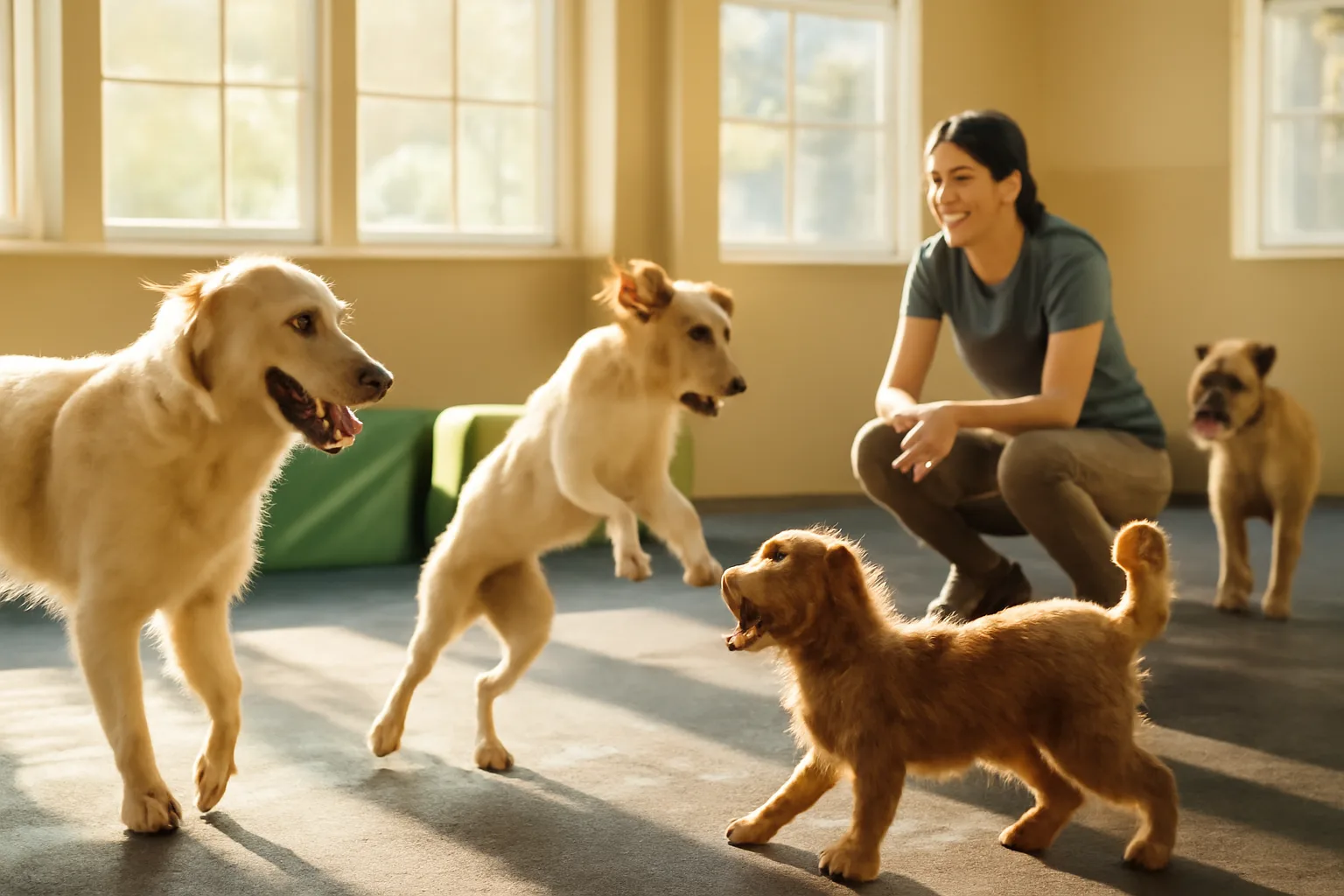 Staff member supervising dogs playing in a bright daycare playroom, like Dogtopia Chesterfield