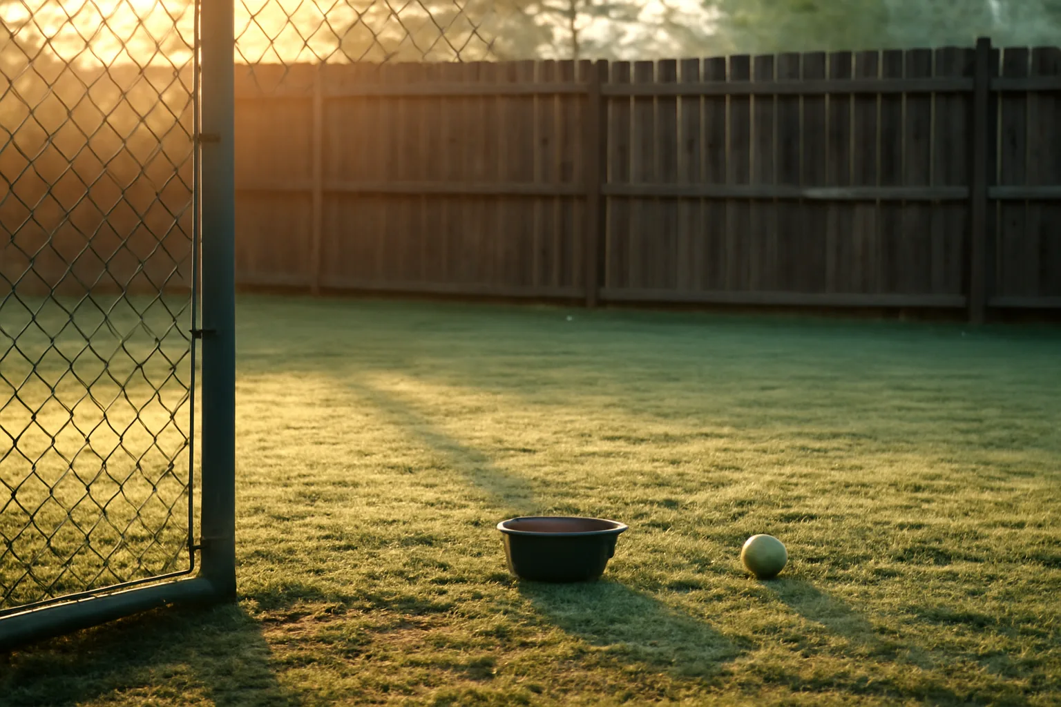 Empty outdoor play yard at a Cleveland-area dog daycare facility at dawn
