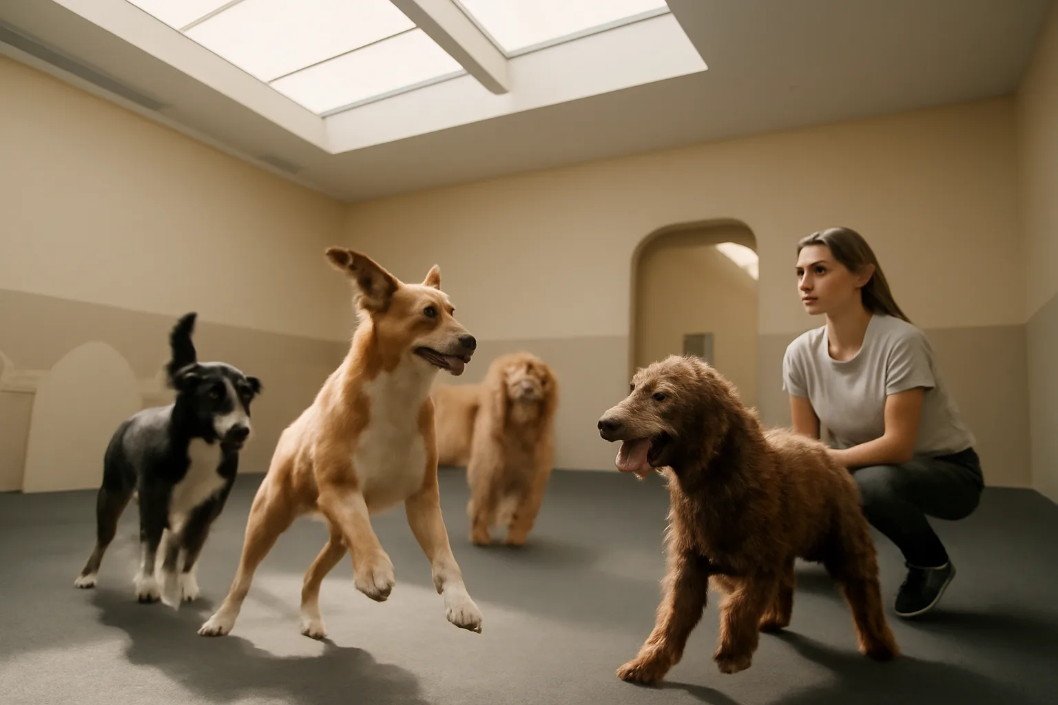 Dogs playing supervised indoors at a daycare facility similar to Dogtopia Clifton Park