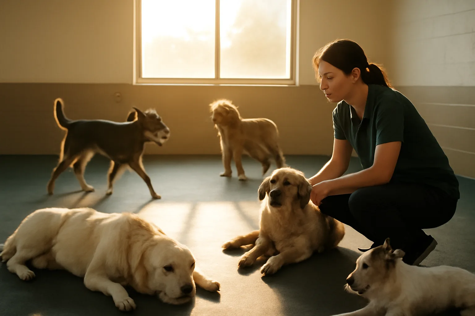 Dogs playing and resting in a sunlit daycare play room at a boarding facility