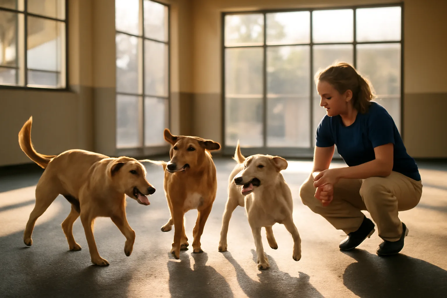 Indoor dog daycare play area with dogs on rubber flooring near Fredericksburg, Virginia