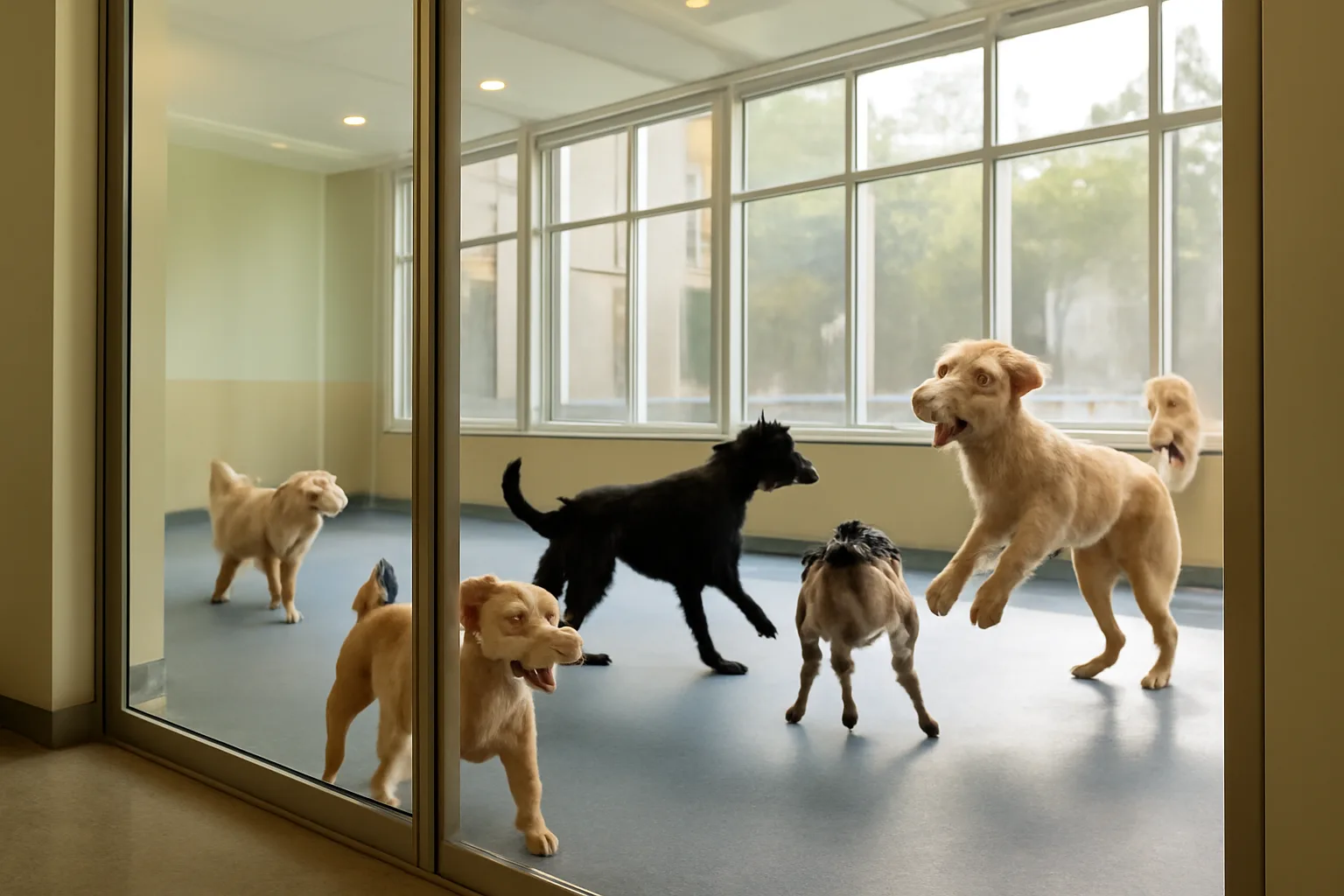 Dogs playing inside a bright open-play dog daycare facility room