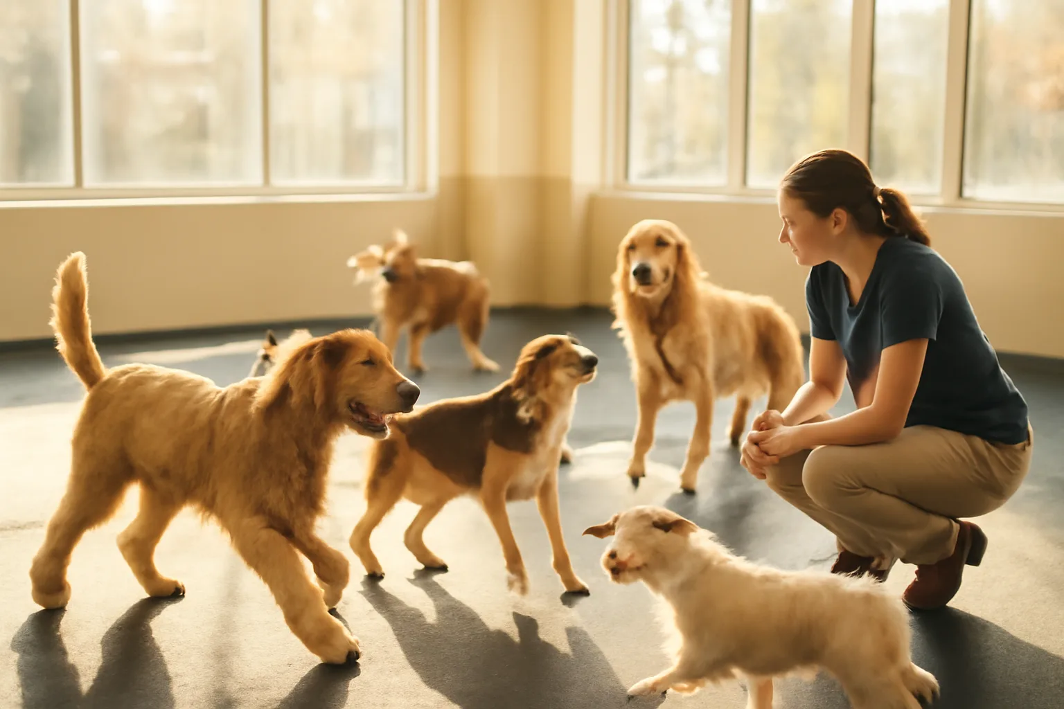 Dogs playing together in a sunlit indoor daycare play area at a boarding facility