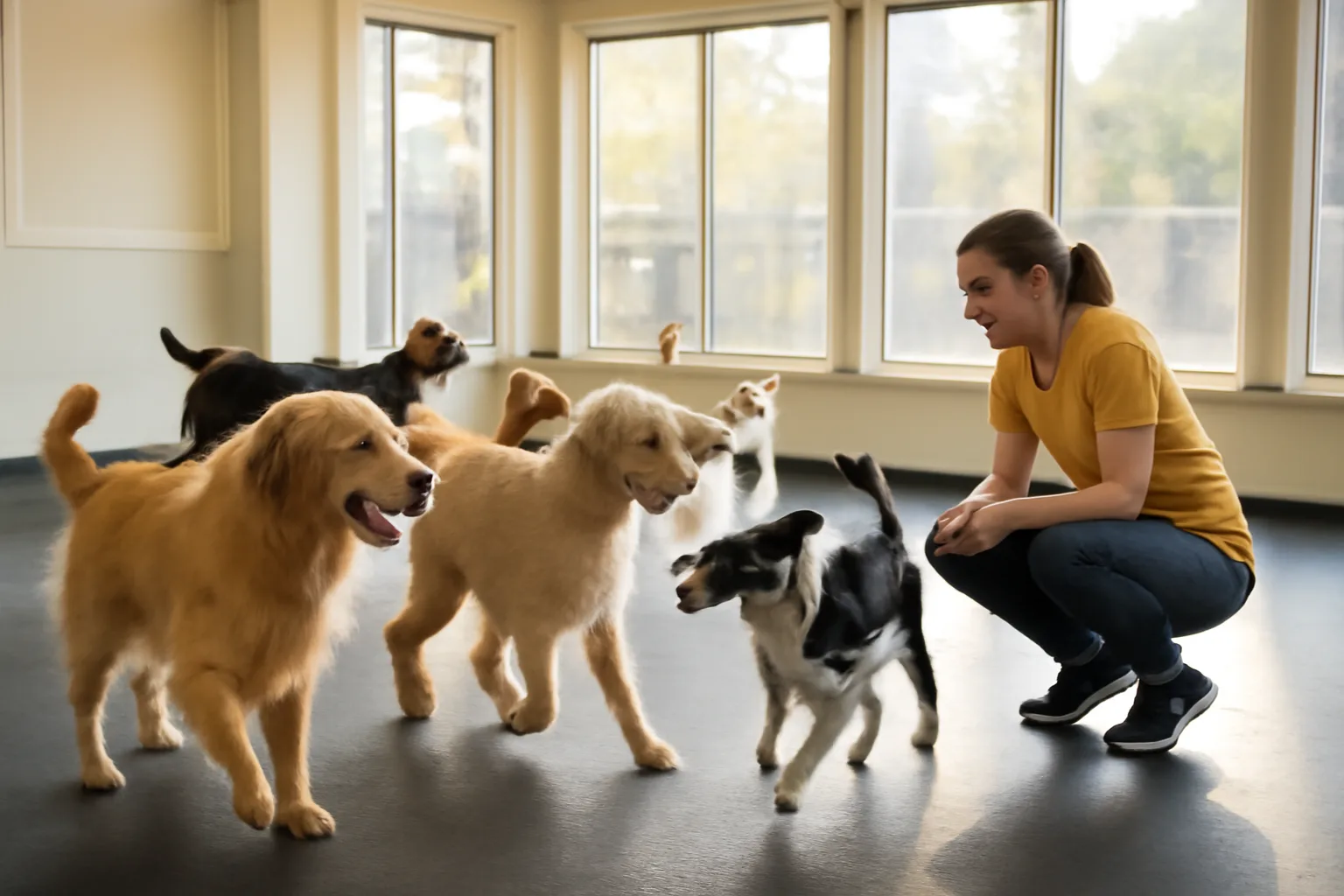 Dogs playing together in a bright indoor daycare playroom like Dogtopia Millard